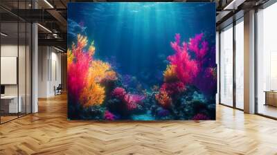 Dark ocean depths glowing with ruins in mysterious underwater scene picture Wall mural