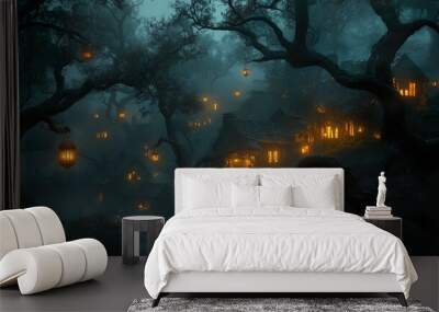 Glowing neon fireflies light up dark swamp serene wallpaper Wall mural