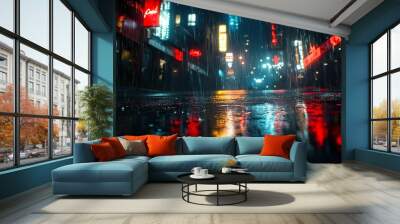 Neon graffiti lighting up dark city rooftops on foggy night picture Wall mural