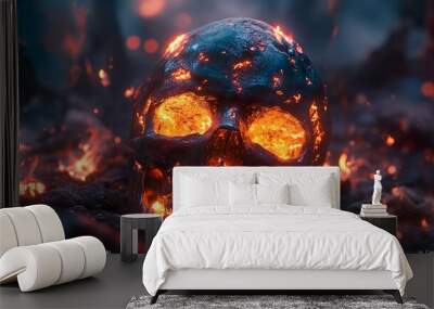 Neon skull ablaze with fiery flames and glowing bones casting light in a dark dramatic scene. Wall mural