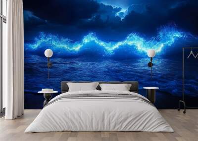 Serene seascape with glowing dark ocean waves under neon sky picture Wall mural