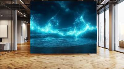 Serene seascape with neon lit sky and glowing ocean waves picture Wall mural