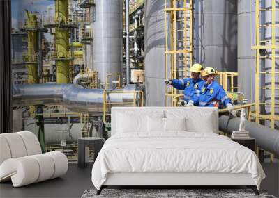 group of industrial workers in a refinery - oil processing equipment and machinery Wall mural