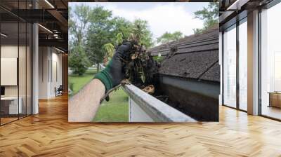 Cleaning Gutters Filled With Leaves & Sticks Wall mural