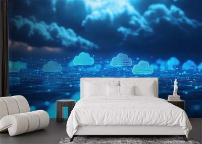 3D digital cloud illuminated data nodes minimal design solid blue background high-tech futuristic seamless connection elegant composition Wall mural