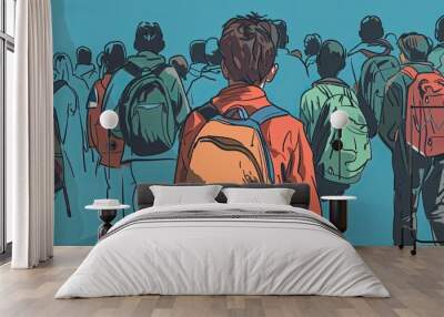 Asylum seeker flat design front view humanitarian theme cartoon drawing colored pastel Wall mural