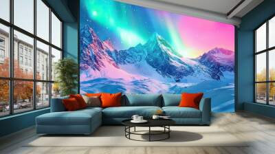 Colorful landscape collage snowy mountains under vivid aurora borealis sky vibrant greens blues purples blending with snow surreal beauty digital art Wall mural