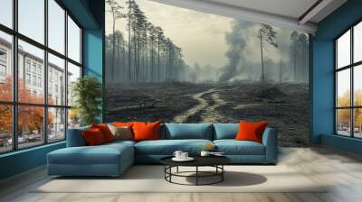 Deforestation and air pollution altering a once-thriving forest into a barren wasteland Wall mural