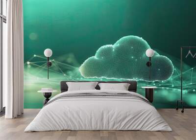 Digital cloud in 3D illuminated data nodes floating solid green background minimal design smooth futuristic style Wall mural