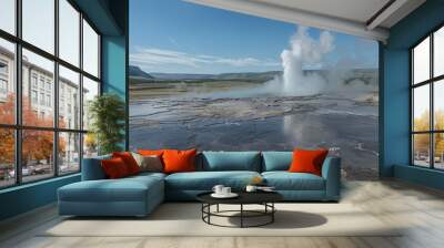 Geyser erupting in a vast landscape with steam rising Wall mural