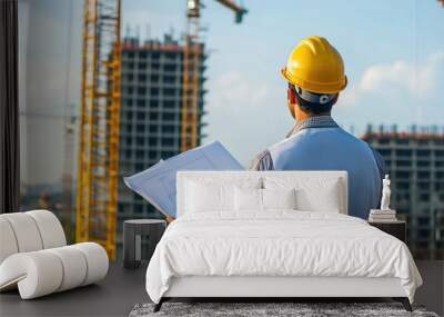 Indian engineer wearing a hard hat holding blueprint inspecting construction site cranes in the background construction progress industrial area Wall mural