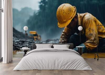 Mining site in the rain, gold miner focused on work, equipment and terrain submerged in water, illustrating the harsh conditions of rainy season mining Wall mural