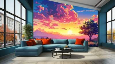 Pixel art landscape with vibrant colors and simple shapes, depicting a tranquil nature scene Wall mural