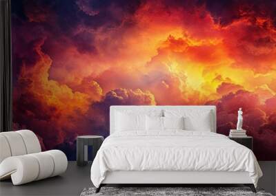 Radiant colorful sky collage illustrating a dramatic stormy sunset with intense oranges reds and purples contrasting against dark ominous clouds for a striking visual impact Wall mural