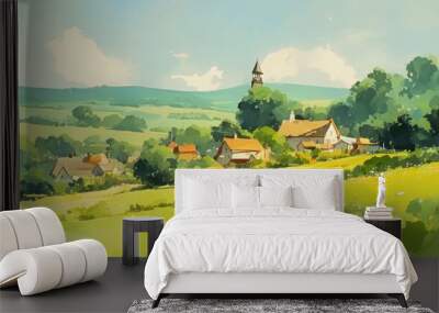 Watercolor landscape of a charming rural village nestled in a green valley with blooming fields Wall mural