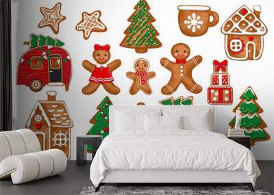 . Diverse gingerbread collection . Vector illustration of holiday baking. Christmas collection.. Wall mural