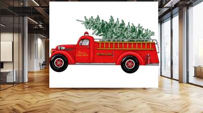 ..Christmas fire engine. Vintage Fire Truck with a Christmas tree on a white background. Retro card. Color sketch. Wall mural