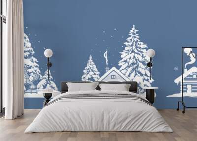 .Set of winter houses silhouettes. Christmas background. Three different houses and fir trees on a pastel blue background.  Vector illustration. Wall mural