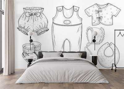 .Vintage baby clothes. Engraved vector sketches. Ink drawing objects on a white background. Retro. Wall mural