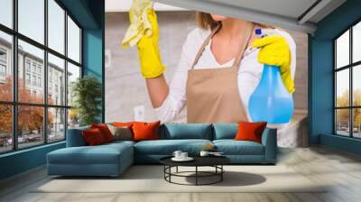 Beautiful housewife enjoys  cleaning her kitchen. Wall mural