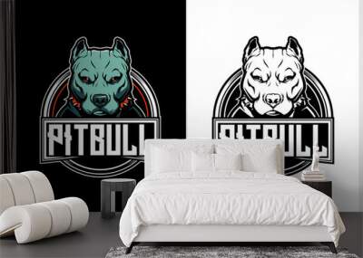 Angry Pitbull Dog Cartoon Character vector logo badge template Wall mural