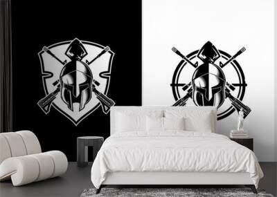 black and white spartan with cross rifle vector badge logo template Wall mural