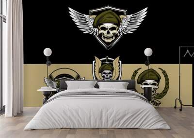 military theme skull wearing beret with wing and knife vector logo template collection. Wall mural