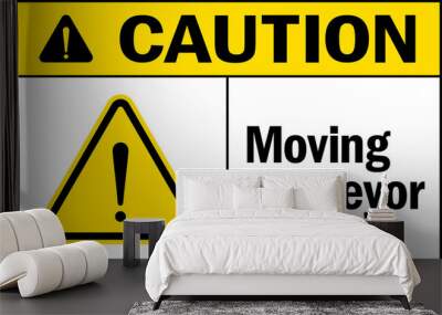 Caution Moving conveyor warning sign. Warehouse safety signs and symbols. Wall mural