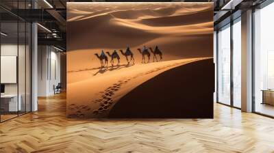 Camel caravan with people going through the sand dunes in the Sahara Desert - generative ai Wall mural