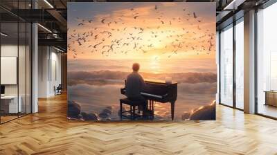 Digital art of a man playing beautiful piano melodies for a crown of seagulls at sunset on a beach, fantasy, anime - generative Wall mural