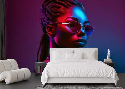 Fashion girl portrait with round sunglasses poses in neon light in the studio - generative ai Wall mural