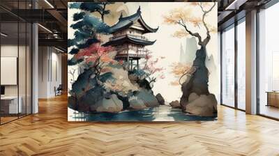 Japanese landscape watercolor style with a fairy garden, muted color palette - generative ai Wall mural