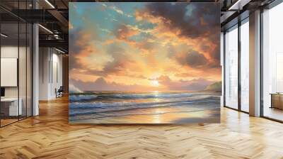 Oil painting illustration depicting a serene scene, sunset at a beautiful beach, clouds in the sky and pristine sand - generative ai Wall mural