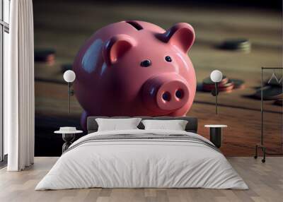 Piggy bank on a wooden surface, money saving, inflation - generative ai Wall mural