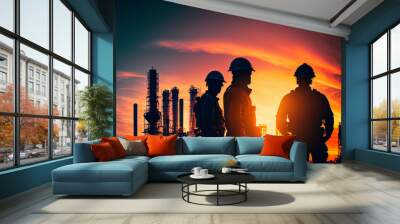 Silhouette of engineers and construction team working next to an industrial structure - generative ai Wall mural