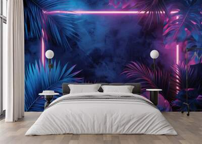 Tropical leaves bathed in blue and green illumination, framed by neon lights, offering a creative space for additional elements and copy. Wall mural