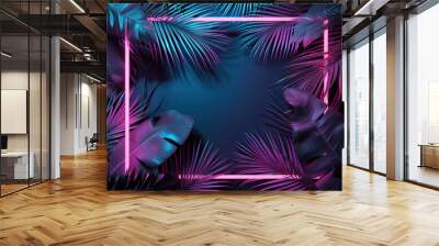 Tropical leaves bathed in blue and green illumination, framed by neon lights, offering a creative space for additional elements and copy. Wall mural