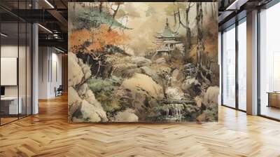 Watercolor print showcasing a Japanese style landscape featuring a serene lake and majestic mountains, stunning addition to home decor and design - generative ai Wall mural