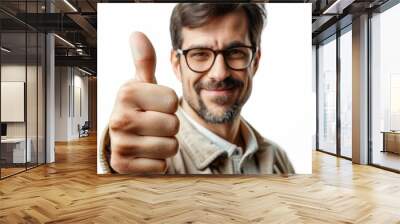 Confident Man with Glasses Giving Thumbs Up Gesture on White Background Wall mural