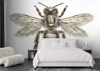 A detailed vintage engraving of a honey bee showcasing intricate features on a plain white background for a timeless aesthetic Wall mural