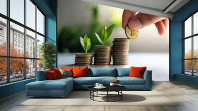 A hand placing a coin on a stack representing business growth with plants thriving in a modern workspace Wall mural