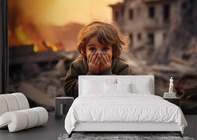 a little boy is crying covering his face with his hands against the backdrop of a war explosion Wall mural