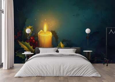 A single lit candle surrounded by holly leaves and berries, symbolizing hope and warmth during the Christmas season Wall mural