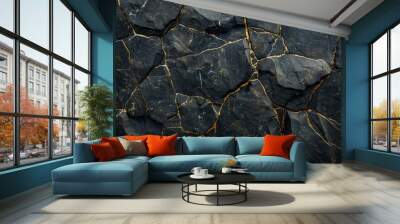 Black stone texture with gold cracks Wall mural