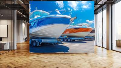 Boats for sale or rental in a sunny parking lot outside a boat sports store under a clear blue sky Wall mural