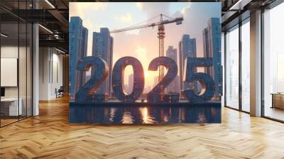 Celebrating the new year 2025 with a vibrant urban skyline at sunset featuring large metallic numbers Wall mural