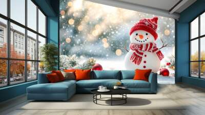 Cheerful snowman in a winter landscape with festive decorations spreading holiday joy and greetings for Christmas and New Year celebrations Wall mural