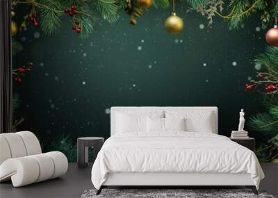 Christmas background with decoration of Christmas balls, fir branches. Christmas card template Wall mural