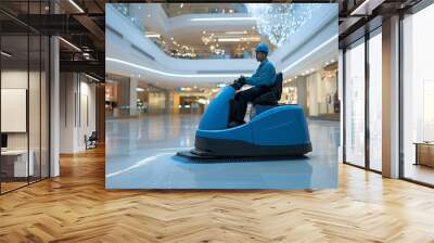 Cleaner operating a floor scrubbing machine in a shopping center during the early hours of the morning Wall mural