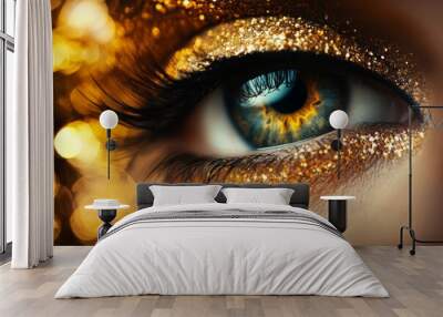 Close-up of an enchanting eye adorned with golden glitter eyeshadow, set against a dreamy bokeh backdrop at an evening event Wall mural